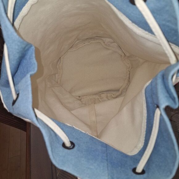 Drawstring Backpack NWOT Canvas Beach Bag Blue Cream GREAT BUNDLE ITEM Travel - Picture 10 of 13